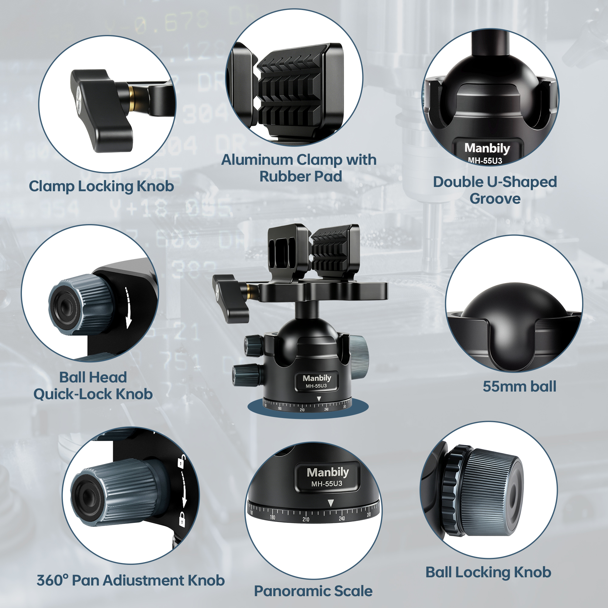 Manbily MH-55 U-3 Ballhead Clamp Saddle Hunting Head for Shooting Stick Tripods Monopod