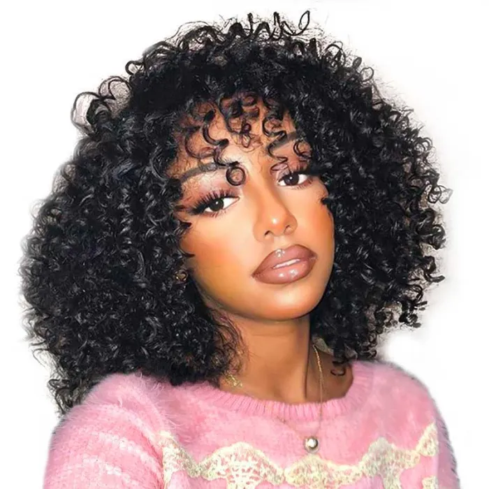 Short Black Afro Curly Wigs with Bangs Human Hair for Women 12 inch