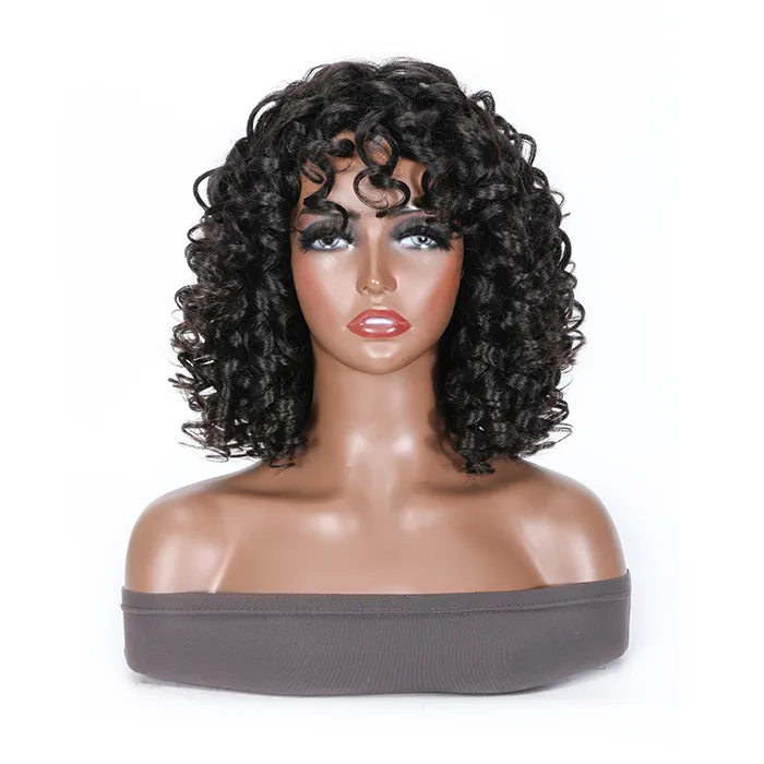 Short Black Afro Curly Wigs with Bangs Human Hair for Women 12 inch