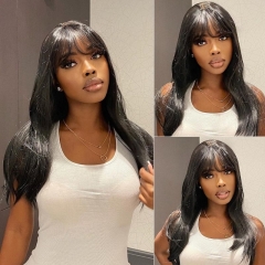 Long Silk Straight with Chic Bangs Transparent Lace Front Human Hair Wig