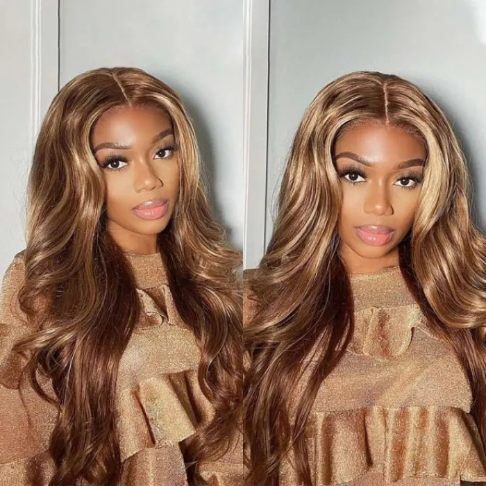 Honey Blonde Highlights 13X4 Lace Front Wig 150% Density Body Wave Transparent Lace Human Hair Wigs