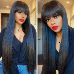 Long Silk Straight with Chic Bangs Transparent Lace Front Human Hair Wig