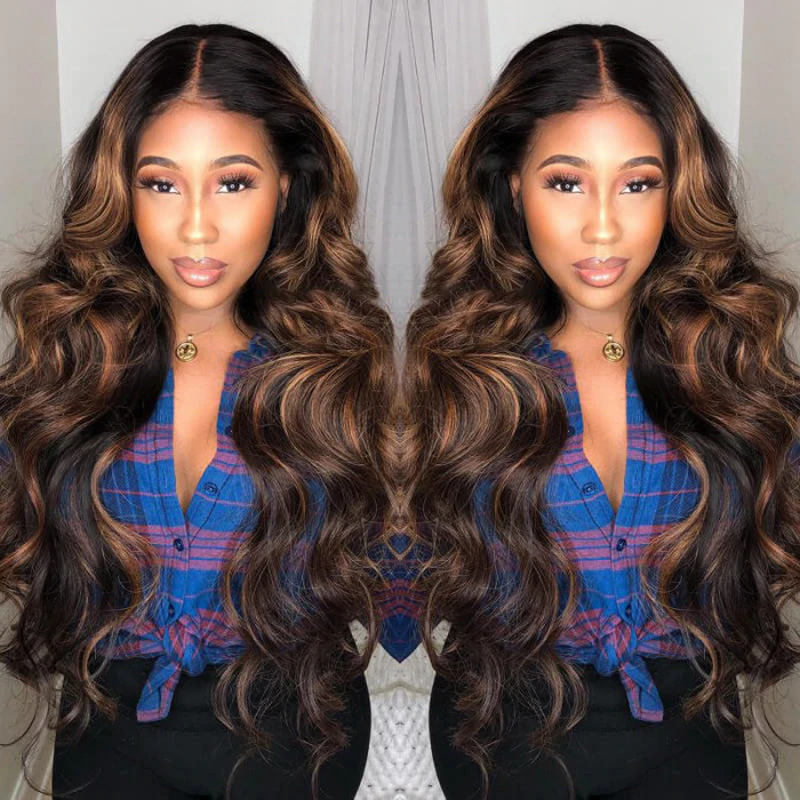 Highlight Balayage Lace Frontal Wig Body Wave Shadow Root Blonde Ombre Human Hair Wigs