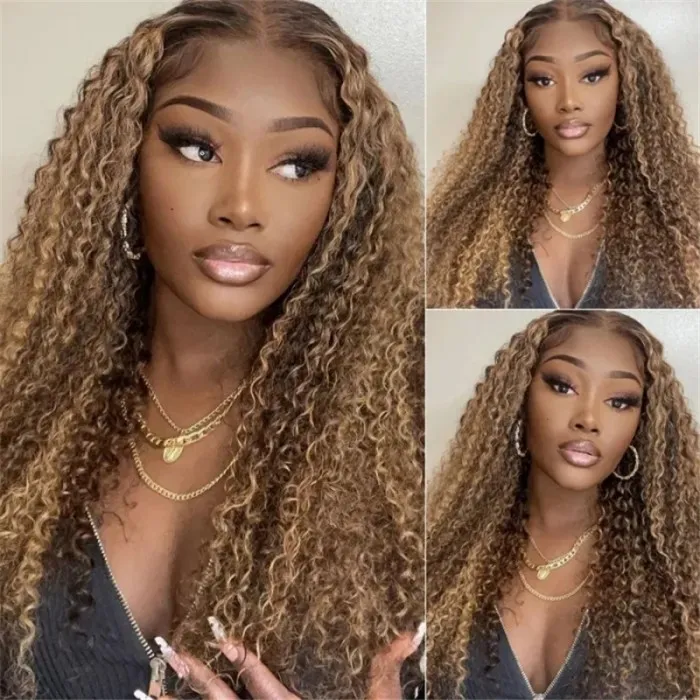 Ombre Honey Blonde Money Piece Highlight Lace Front Curly Human Hair Wigs