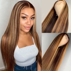 Highlight Brown Straight Wig 13x4 Lace Front Wig Honey Blonde Human Hair Wigs