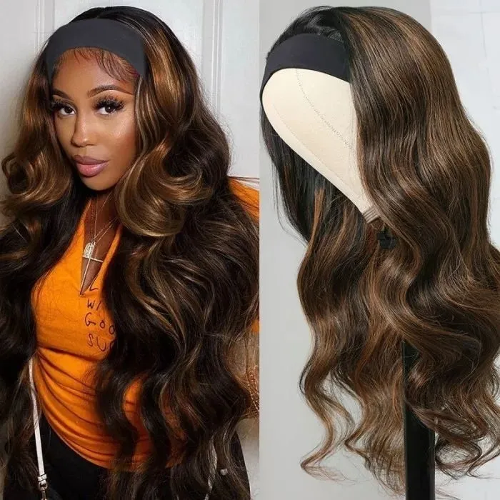 Highlight Body Wave Headband Wigs With Scarf Attached High Quality No Glue No Sew In