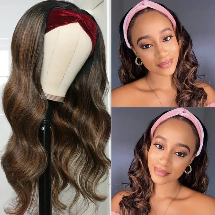 Highlight Body Wave Headband Wigs With Scarf Attached High Quality No Glue No Sew In