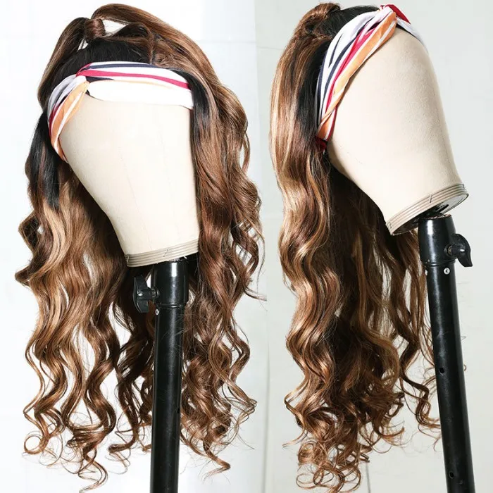 Blonde Highlight Human Hair Headband Wigs 150% Density Body Wave Hair Wigs Wear And Go