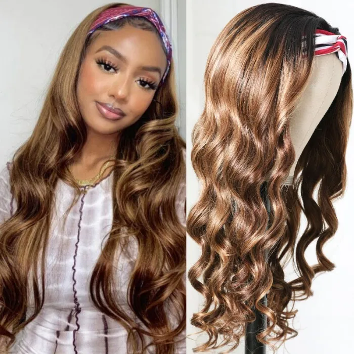 Blonde Highlight Human Hair Headband Wigs 150% Density Body Wave Hair Wigs Wear And Go