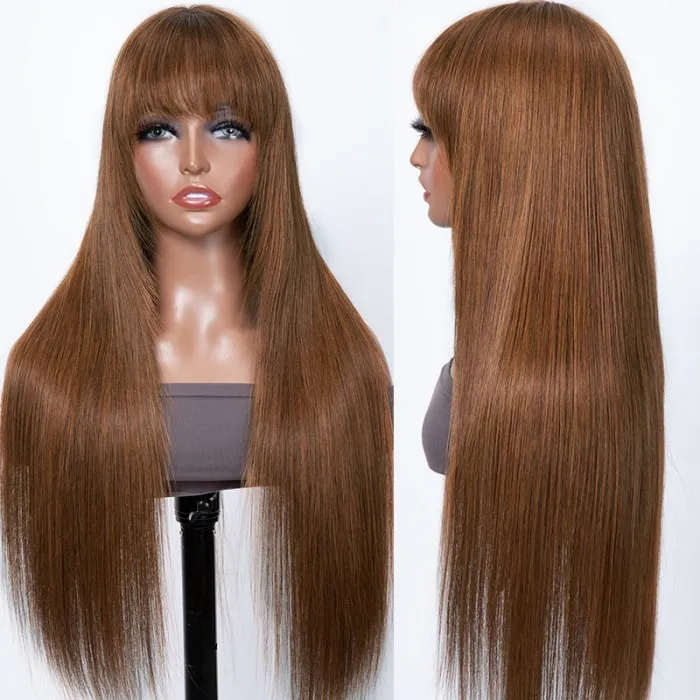 Glueless Dark Brown Hair Color Layer Cut Bang Wig Install in 5 Mins