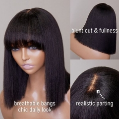 4*4 Realistic Yaki Straight Bob With Bangs Minimalist Undetectable Closure Lace Wig