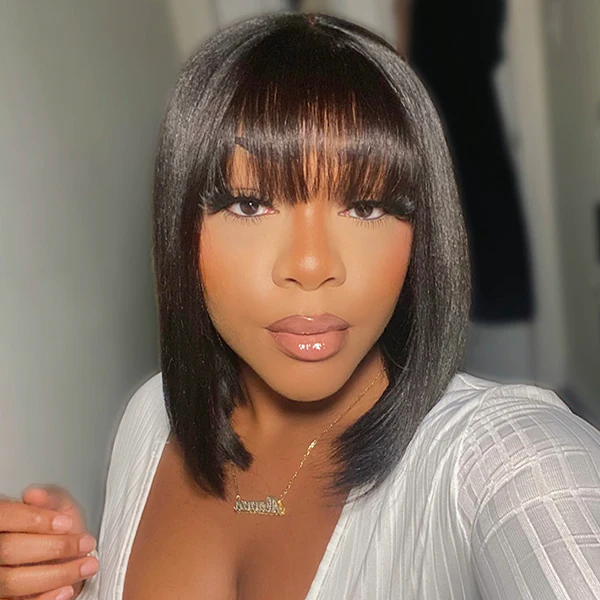 4*4 Realistic Yaki Straight Bob With Bangs Minimalist Undetectable Closure Lace Wig