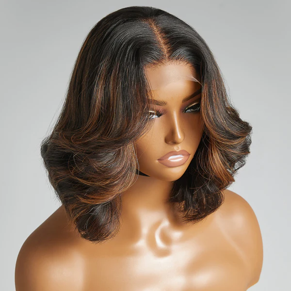 Brown Highlights Shoulder Length 4x4 Closure Lace Glueless Wig