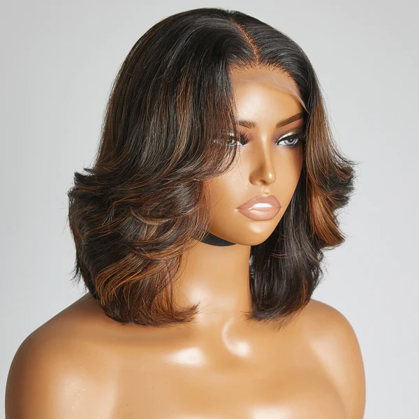 Brown Highlights Shoulder Length 4x4 Closure Lace Glueless Wig