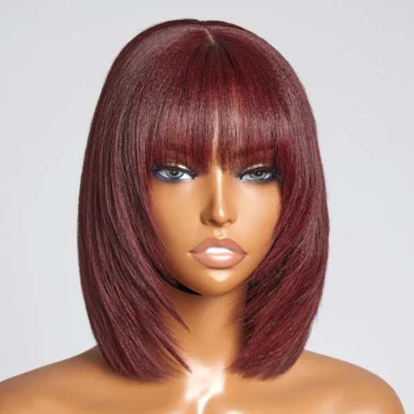 Reddish Purple Layered Cut Yaki Straight Minimalist Lace Bob Wig With Bangs