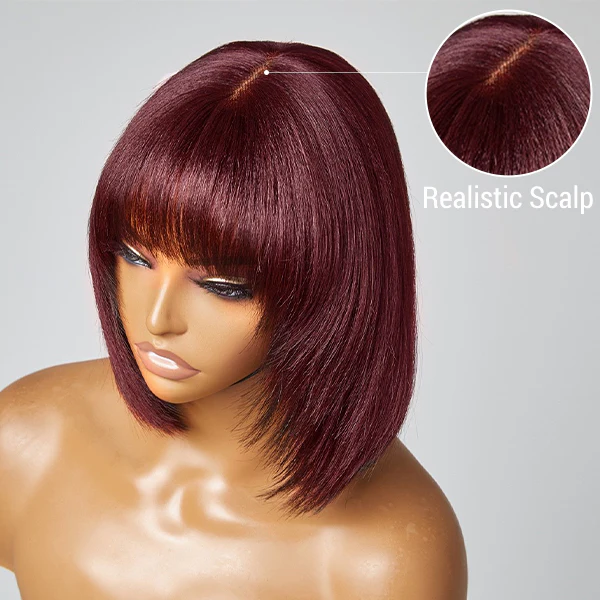 Reddish Purple Layered Cut Yaki Straight Minimalist Lace Bob Wig With Bangs