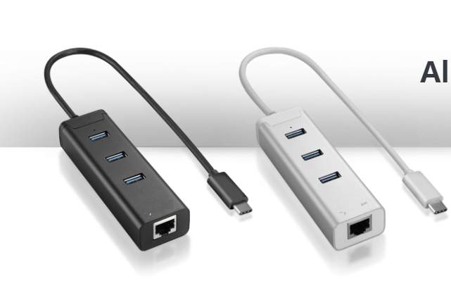 3-Port Aluminium USB 3.0 Hub+RJ45 Ethernet Type C Adapter