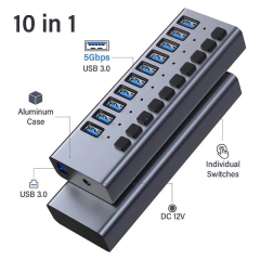10 Port 10Gbps PD 100W USB3.2 Hub with Individual On/Off Switches Splitter