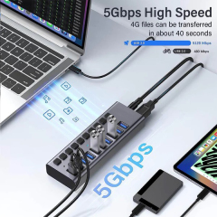 10 Port 10Gbps PD 100W USB3.2 Hub with Individual On/Off Switches Splitter