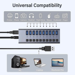 10 Port 10Gbps PD 100W USB3.2 Hub with Individual On/Off Switches Splitter