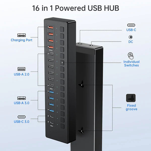 16 端口 USB-C 5Gbps 智能充电集线器分线器
