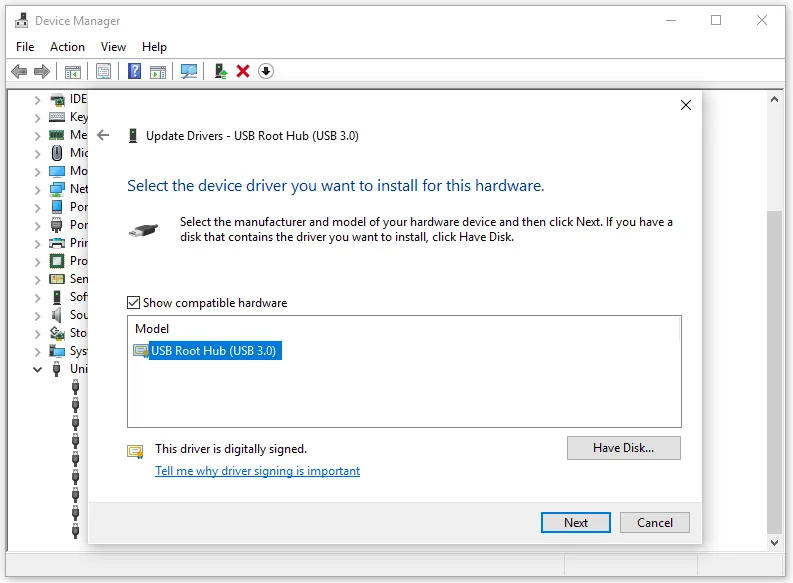 USB Root Hub USB 3.0 driver selection screen in Windows