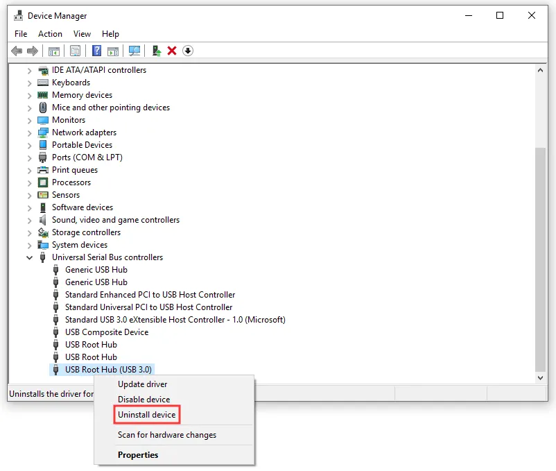 Uninstall USB Root Hub USB 3.0 in Windows Device Manager