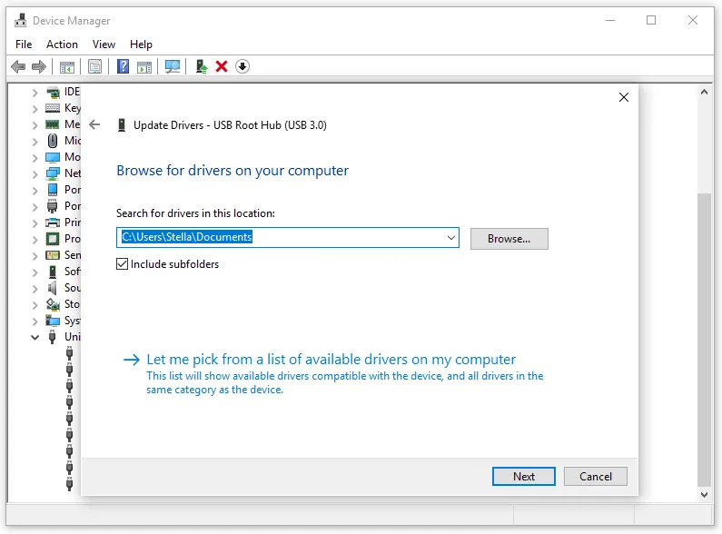 Let me pick from a list of USB drivers already available on the computer