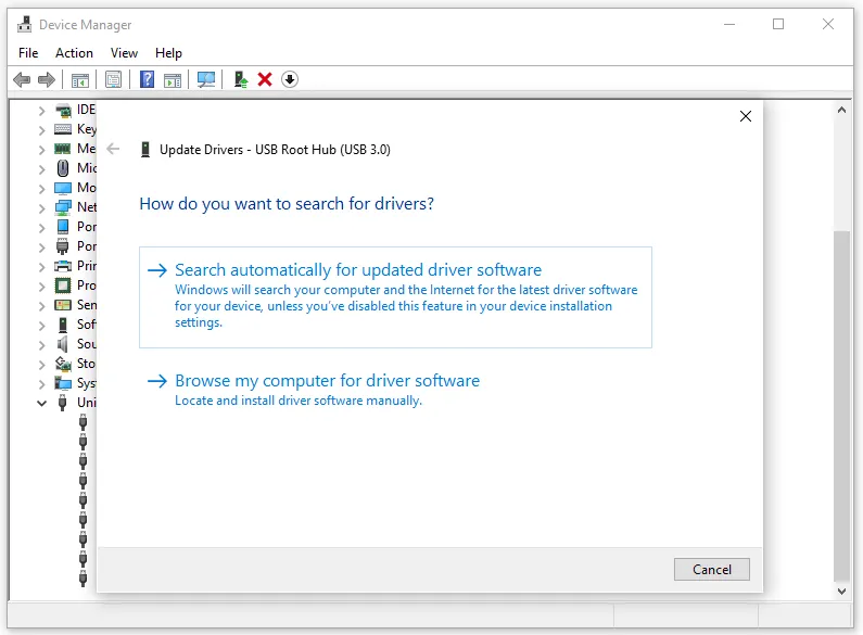 Browse my computer for USB Root Hub driver software in Device Manager