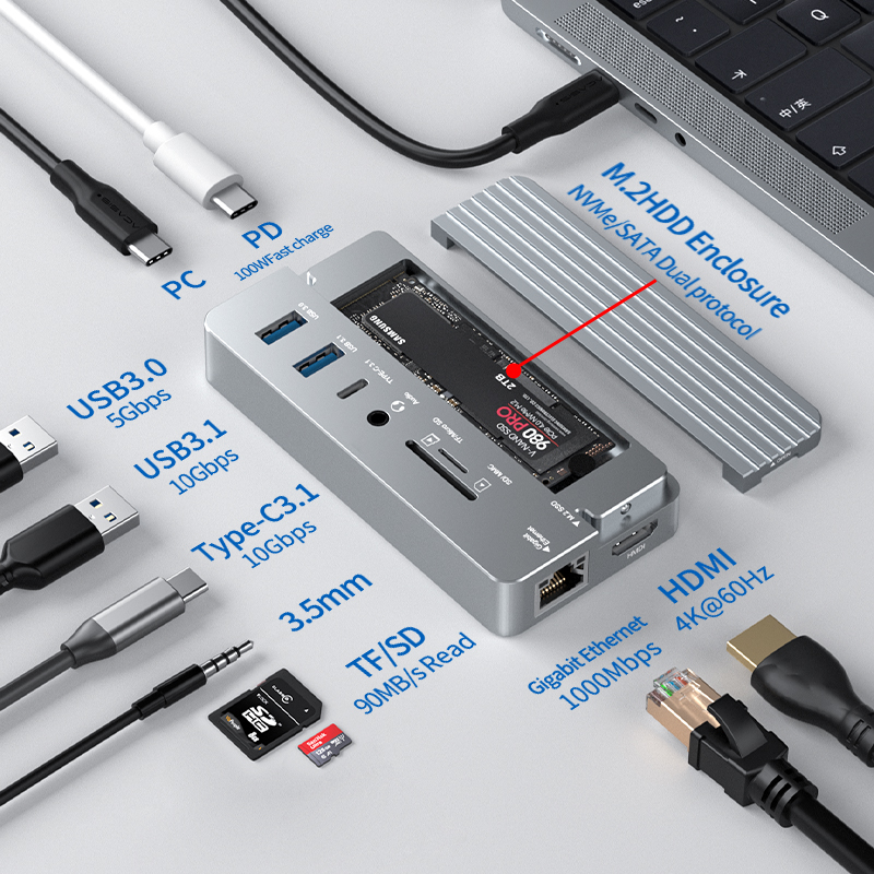 Purplelec USB-C 混合多端口扩展坞,带 SSD 外壳