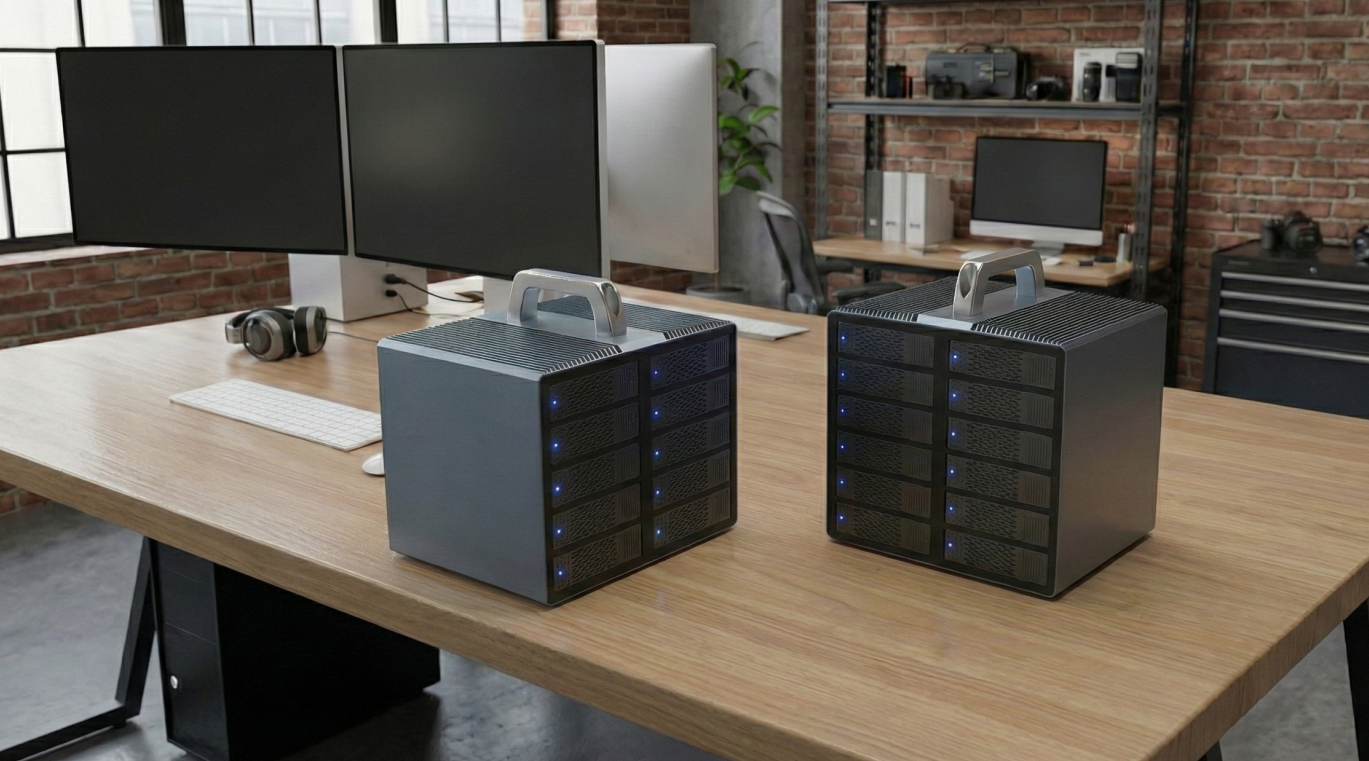 Two 10-bay hard drive enclosures placed on a desktop