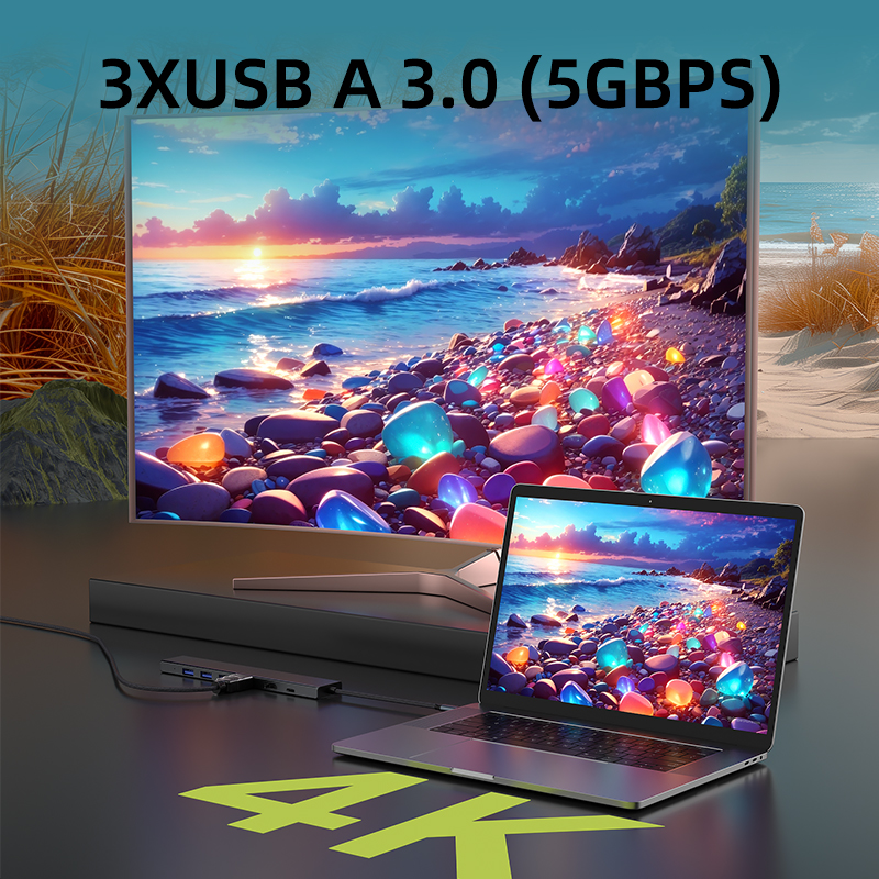 A docking station with 3 USB-A 3.0 ports and 2 4K HDMI ports.