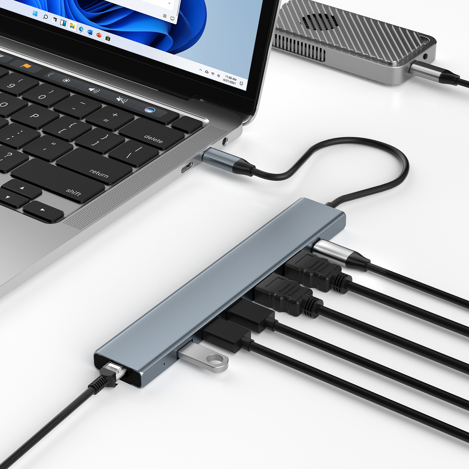 7-in-1 docking station fully connected to the computer for operation