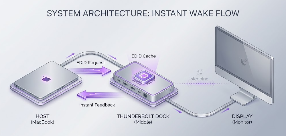 The architecture diagram of the lightning docking station's instant wake-up system illustrates how to utilize the EDID cache technology to quickly respond to the MacBook's wake-up request when the display is in sleep mode.