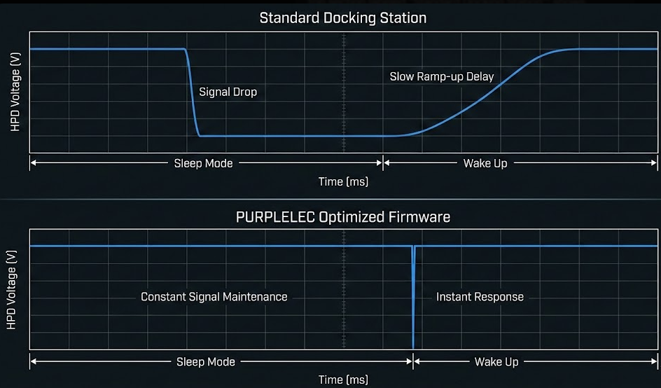 The comparison chart shows that the optimized firmware of PURPLELEC can maintain the HPD voltage signal stable in the sleep mode compared to the standard docking station, and also has the capability of immediate wake-up response.