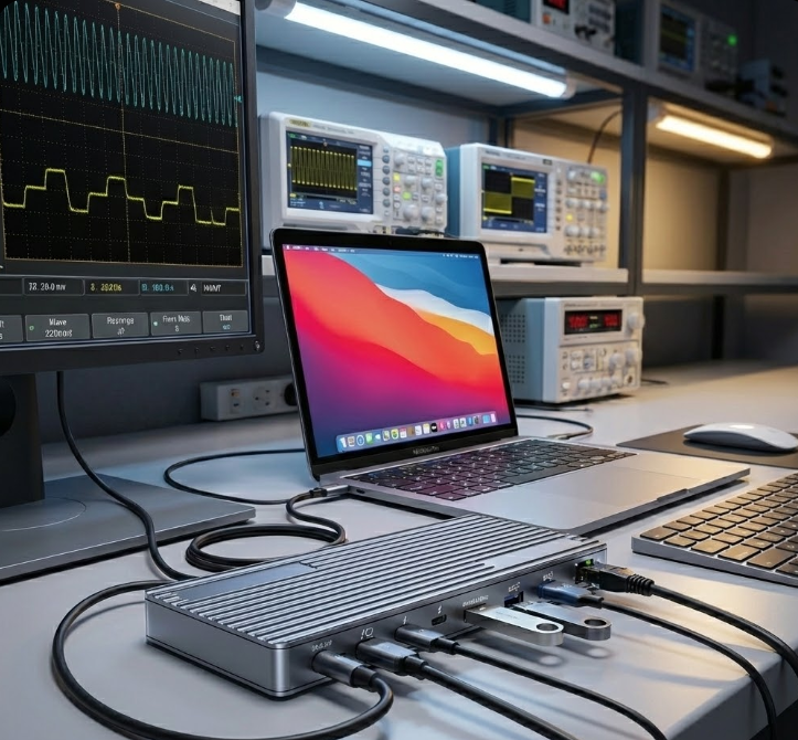 Close-up of the aluminum Lightning 4 docking station on the professional R&D laboratory workbench, connecting a MacBook Pro with a 4K monitor. The background is clean and has a high-tech feel.