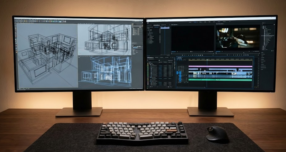 Minimalist dual 8K monitor workspace powered by Thunderbolt 5 dock