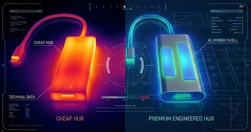 Thermal imaging comparison: Overheating cheap hub vs. effective heat dissipation of aluminum docking station.