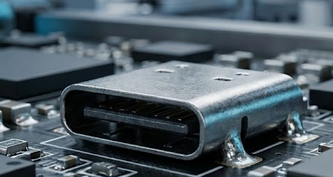 Reinforced mid-mount USB-C port undergoing 10,000-cycle durability testing in a quality control lab.