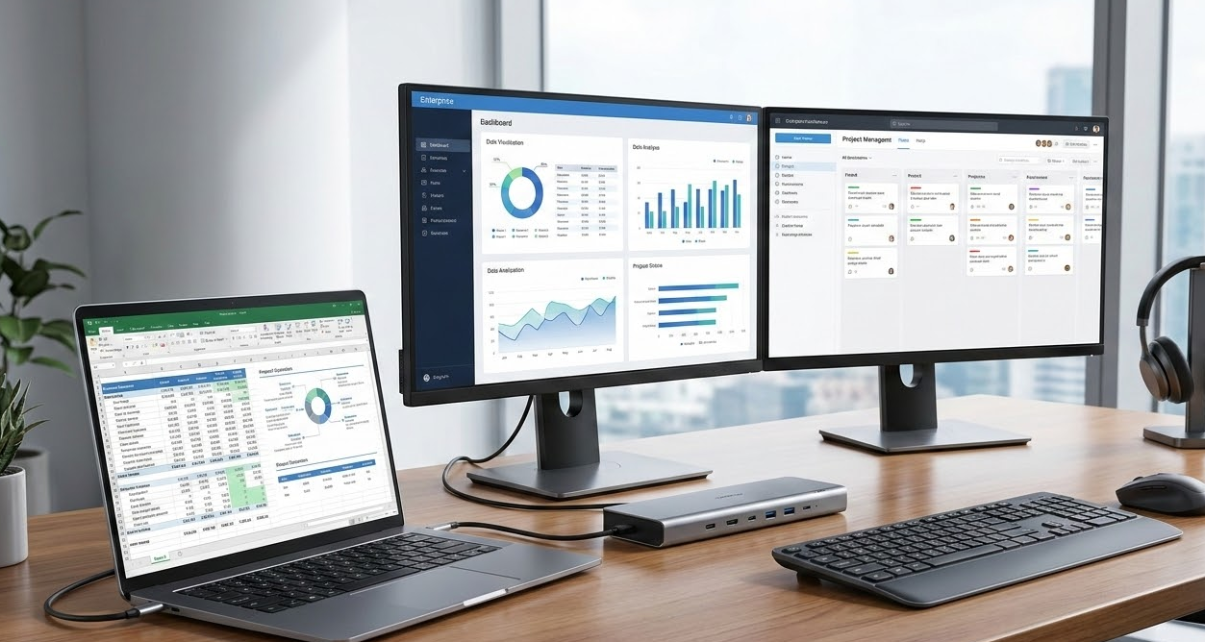 这张照片完美地展现了现代高效的企业工作站的景象。一个精致的金属式扩展台放置在一张精致的木质桌面上，一根 USB-C 线缆使您能够连接到一台开放式的现代商务笔记本电脑。这个扩展台作为核心枢纽发挥了作用，为两台并排摆放的大型显示器提供了无缝连接。笔记本电脑的屏幕显示着一系列复杂的财务表格和图表。左边和右边的显示器展示着数据可视化和图表，而右边的显示器则显示着项目管理软件。在这一设置前放置着无线人体工学键盘和鼠标。专业的耳机支架配有耳罩式耳机和精致的桌面植物，共同构成了这个井然有序的办公空间。从一间宽敞办公室的窗户望去，可以看到新加坡模糊的城市景观，自然光线从窗户倾泻而入。整个生态氛围有利于生产，也利于工作。