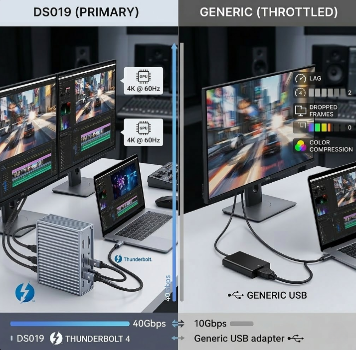 On the left, we present the PURPLELEC DS019 lightning 4 enterprise-level docking station, which directly outputs two uncompressed, high-refresh-rate 4K signals through a single lightning cable (representing the "gold standard" of GPU-driven performance); on the right, we show a generic USB adapter that exhibits significant picture lag, frame drops, or color compression when driving 4K, creating a clear technical contrast between the two.