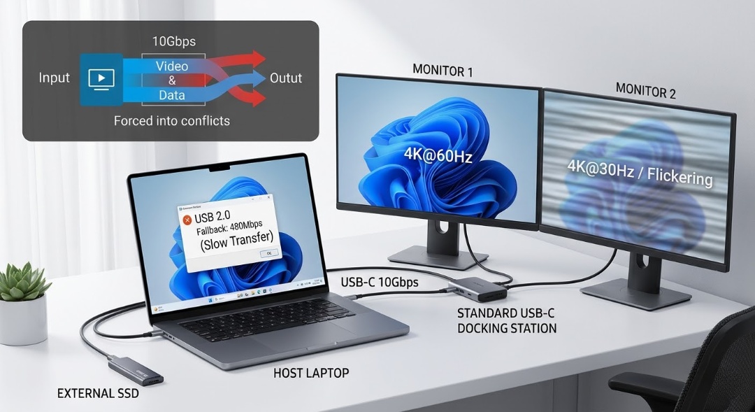 Show a clean and professional desktop. A modern laptop (labeled: HOST LAPTOP) is connected to a small docking station labeled "STANDARD USB-C DOCKING STATION" via a cable marked "USB-C 10Gbps". Two monitors (labeled: MONITOR 1, MONITOR 2) are connected to the docking station. An external solid-state drive (labeled: NVMe SSD) is also connected to the docking station.