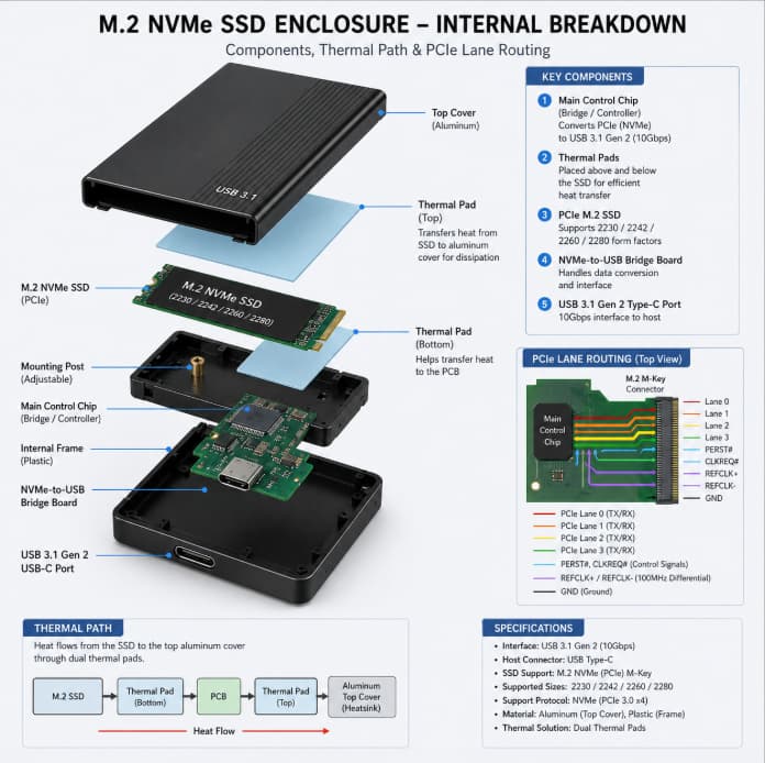 Internal structure diagram of NVMe M.2 SSD hard disk enclosure, showing the bridge controller, thermal pad and PCIe channel configuration.