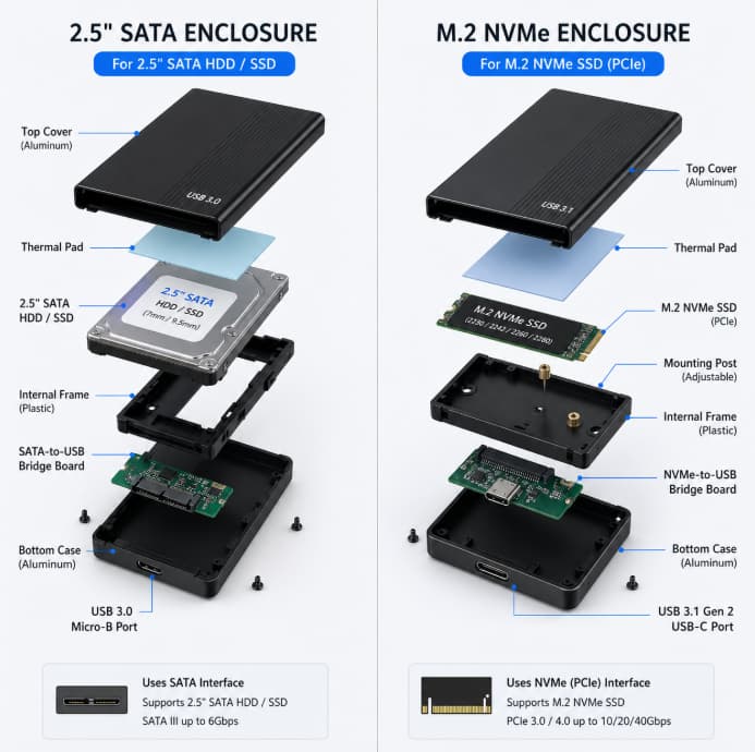 A comparison between M.2 SSD enclosures and 2.5-inch SATA external enclosures, showing the internal bridge control board.