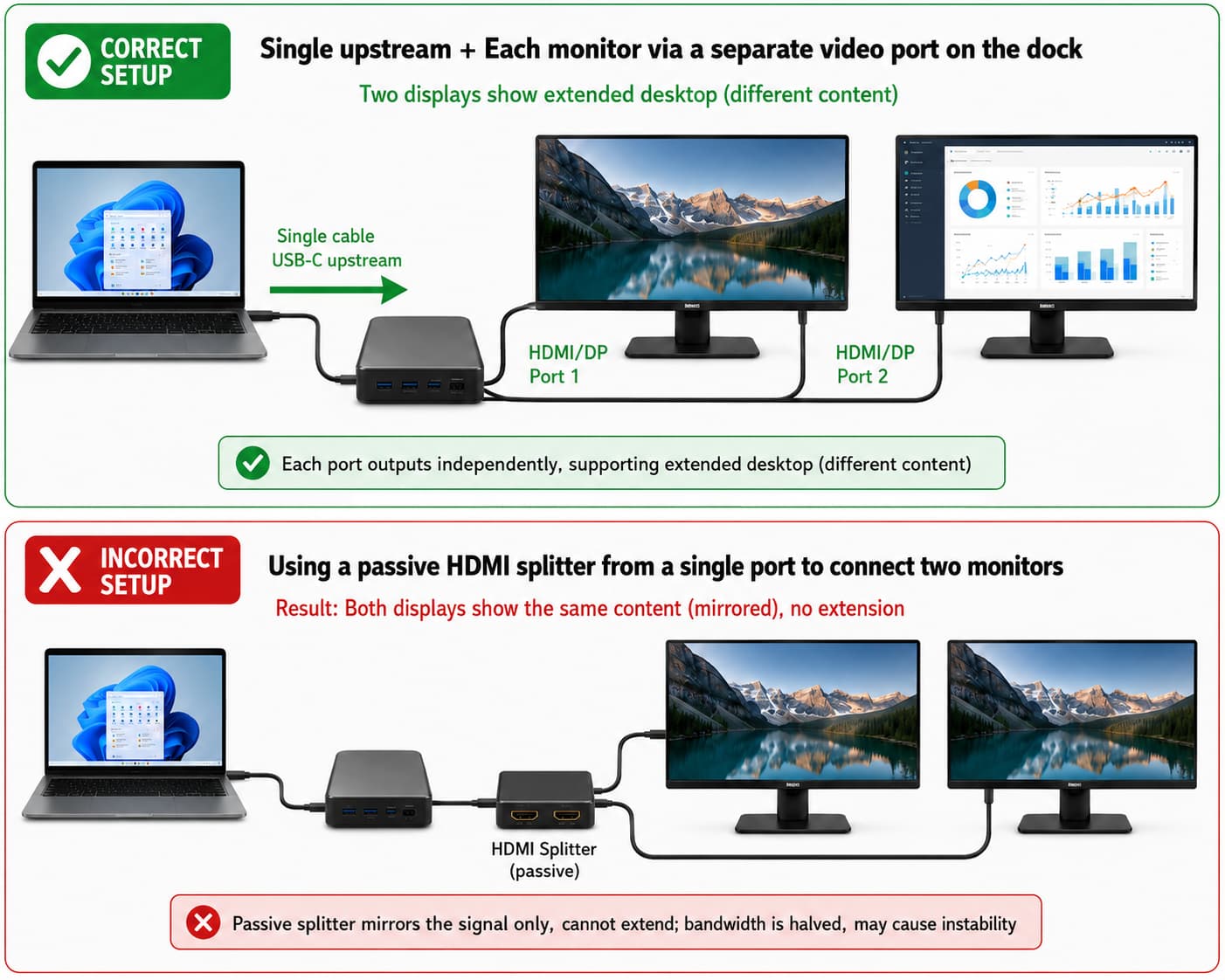 Correct vs. Incorrect Connection Methods &ndash; Single upstream cable + each screen connected to a separate video port on its own dock station (correct) vs. using a passive HDMI splitter to connect two screens from a single output (incorrect)