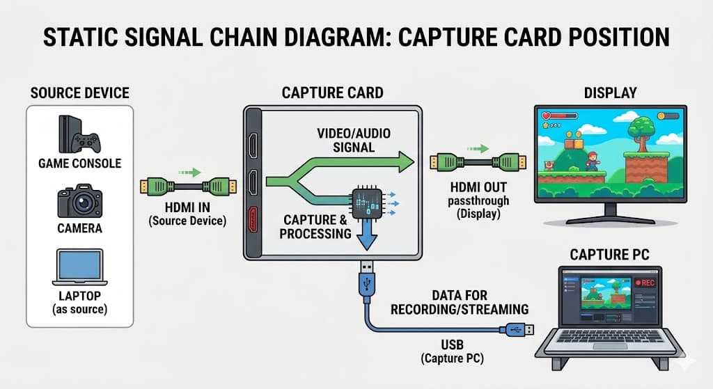 Schematic der Signalkette der Aufnahmekarte mit Kennzeichnung: HDMI IN (Quellger&auml;t) / HDMI OUT passthrough (Anzeigeger&auml;t) / USB (Aufnahmecomputer)