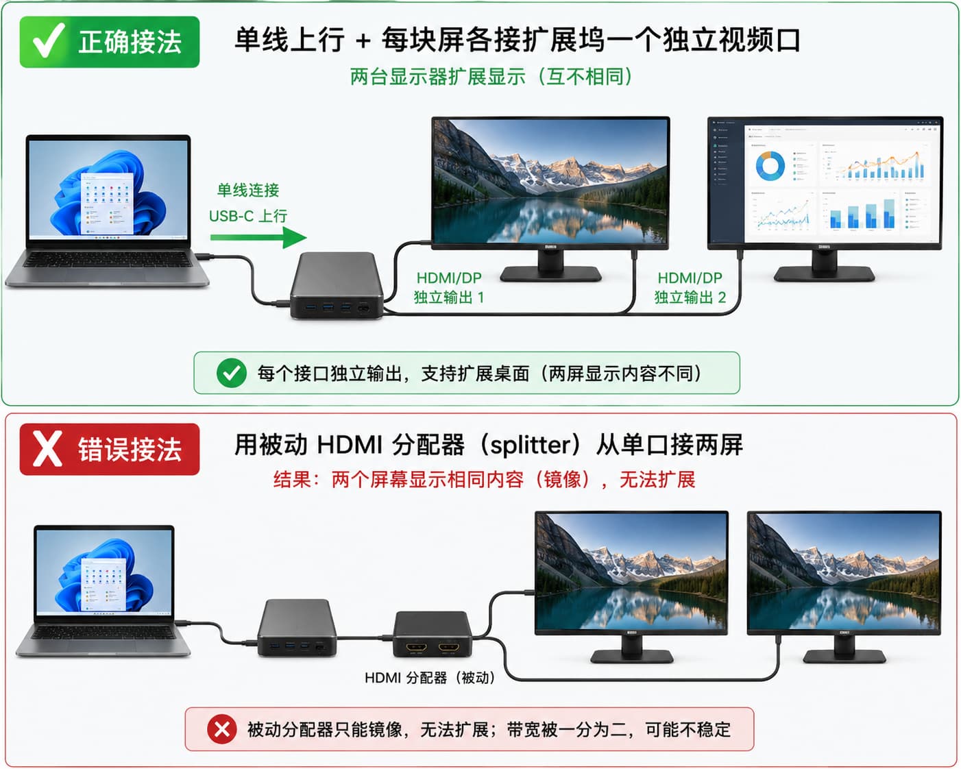 正确接法 vs 错误接法对照&mdash;&mdash;单线上行 + 每块屏各接扩展坞一个独立视频口（对）vs 用被动 HDMI 分配器从单口接两屏（错）