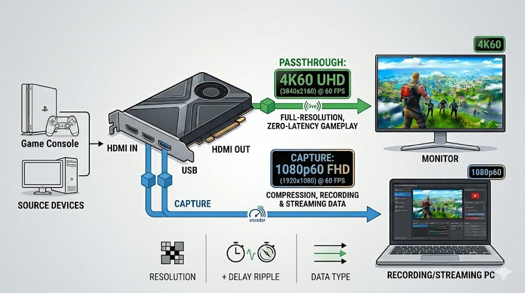 Gegen&uuml;berstellung der &bdquo;Aufnahmeeigenschaften vs. Passthrough-Eigenschaften&ldquo; f&uuml;r dieselbe Aufnahme-Karte, beispielsweise Passthrough 4K60 / Capture 1080p60