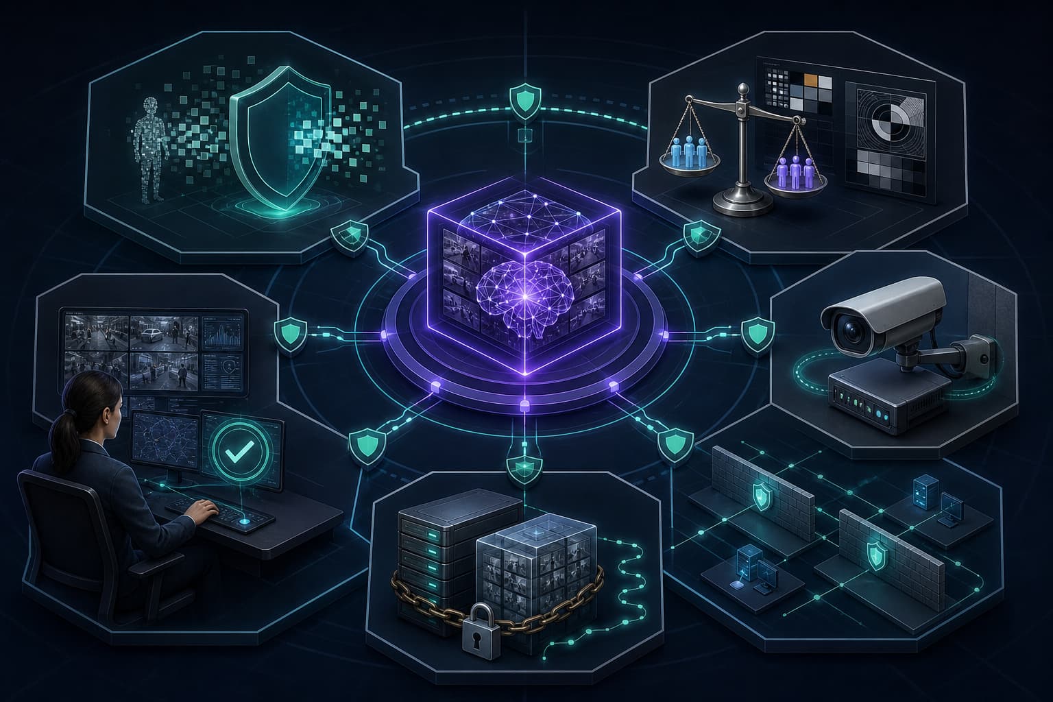 AI Video Security Risk Control Diagram, including privacy protection, model evaluation, equipment security, human supervision and storage integrity