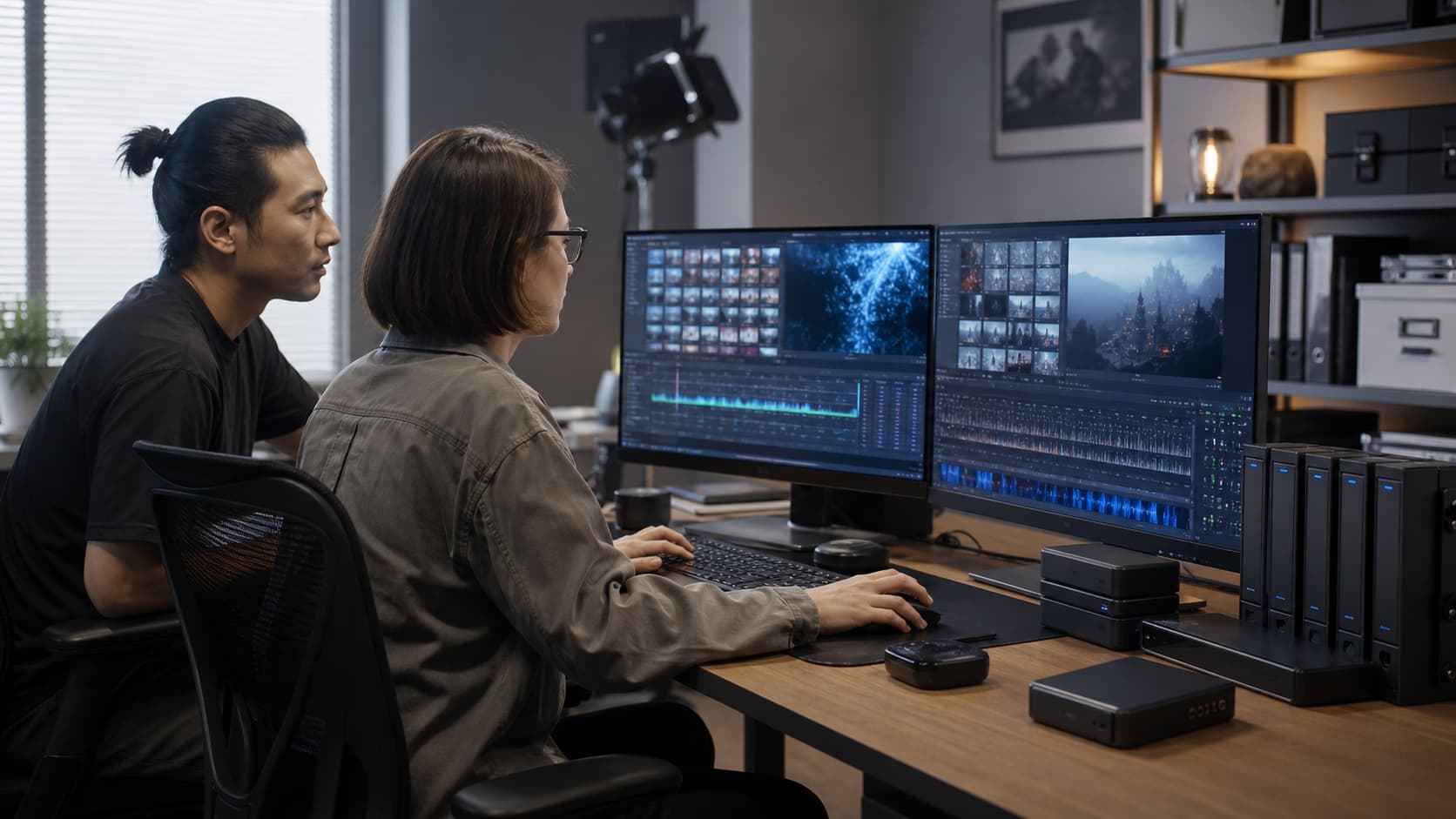 The video production team uses AI, external hard drives, and storage devices to organize and retrieve media assets.